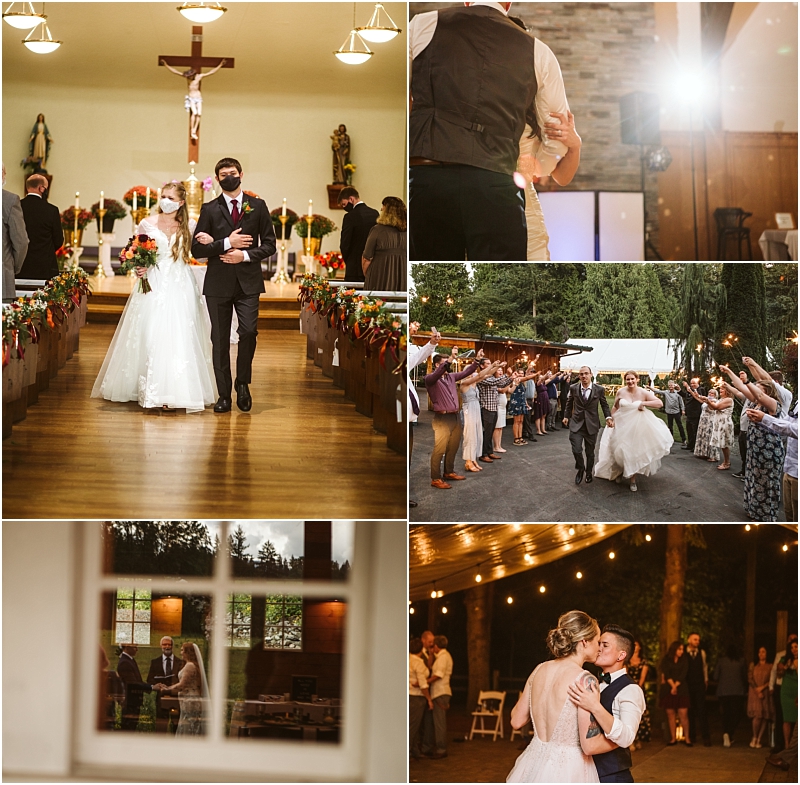 A collage of six wedding photos in snohomish shows a couple walking down the aisle dancing exiting under sparklers sharing a kiss and a window reflection of them all during their wedding day celebrations Snohomish wedding photography A collage of six wedding photos in snohomish shows a couple walking down the aisle dancing exiting under sparklers sharing a kiss and a window reflection of them all during their wedding day celebrations Snohomish wedding photography