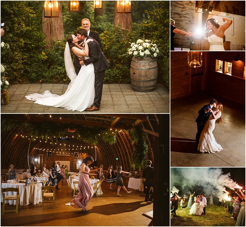 A collage of wedding photos in snohomish featuring a couples first kiss dancing guests celebrating a bride twirling and newlyweds surrounded by smoke flares in rustic indoor and outdoor settings Snohomish wedding photography A collage of wedding photos in snohomish featuring a couples first kiss dancing guests celebrating a bride twirling and newlyweds surrounded by smoke flares in rustic indoor and outdoor settings Snohomish wedding photography