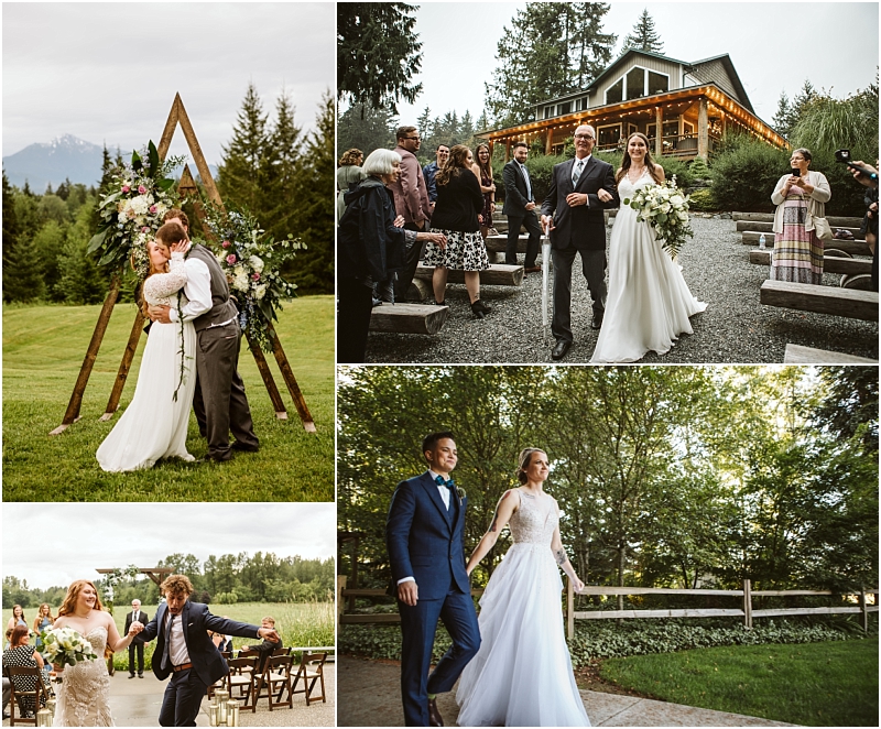 A collage of outdoor wedding scenes in snohomish features couples kissing walking together and guests gathered in a natural scenic setting with trees a wooden arch and a rustic building in the background Snohomish wedding photography A collage of outdoor wedding scenes in snohomish features couples kissing walking together and guests gathered in a natural scenic setting with trees a wooden arch and a rustic building in the background Snohomish wedding photography