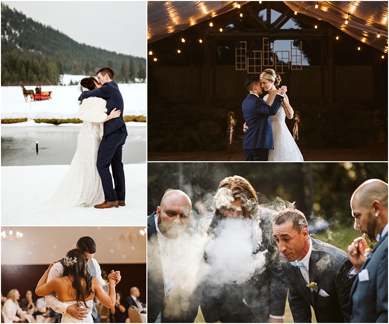 A collage of wedding moments in snohomish couples sharing first dances a bride and groom kissing in the snow and a group of suited men laughing as one exhales smoke all set in winter or warmly lit venues Snohomish wedding photography A collage of wedding moments in snohomish couples sharing first dances a bride and groom kissing in the snow and a group of suited men laughing as one exhales smoke all set in winter or warmly lit venues Snohomish wedding photography