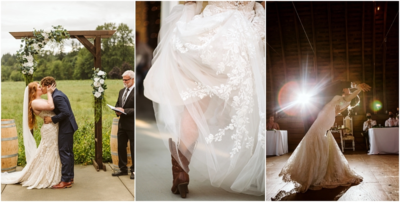 A bride and groom kiss under a floral arch outdoors in snohomish the brides lace dress reveals cowboy boots and the couple shares a first dance in a rustic barn with sunlight streaming in Snohomish wedding photography A bride and groom kiss under a floral arch outdoors in snohomish the brides lace dress reveals cowboy boots and the couple shares a first dance in a rustic barn with sunlight streaming in Snohomish wedding photography