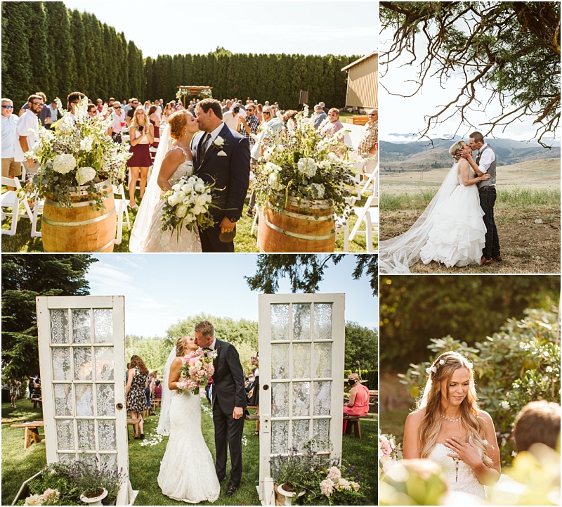 A collage of four outdoor wedding scenes in snohomish showing couples kissing exchanging vows and celebrating among greenery flowers and rustic decor with joyful guests in the background Snohomish wedding photography A collage of four outdoor wedding scenes in snohomish showing couples kissing exchanging vows and celebrating among greenery flowers and rustic decor with joyful guests in the background Snohomish wedding photography