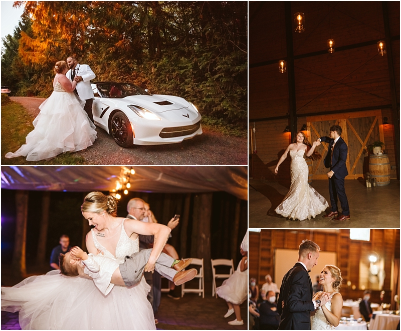 A collage of wedding scenes in snohomish a bride and groom embrace by a white sports car couples dancing indoors and guests enjoying joyful moments at a rustic reception Snohomish wedding photography A collage of wedding scenes in snohomish a bride and groom embrace by a white sports car couples dancing indoors and guests enjoying joyful moments at a rustic reception Snohomish wedding photography