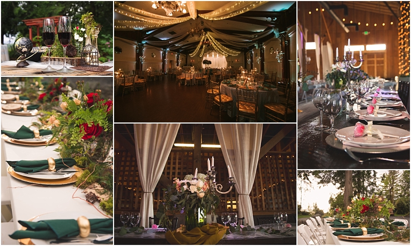 A collage of elegant wedding reception setups in snohomish featuring decorated tables with floral centerpieces candles wine glasses green napkins and gold accents in warmly lit indoor and outdoor venues Snohomish wedding photography A collage of elegant wedding reception setups in snohomish featuring decorated tables with floral centerpieces candles wine glasses green napkins and gold accents in warmly lit indoor and outdoor venues Snohomish wedding photography