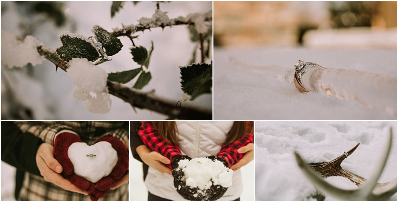 A collage of five winter engagement ring photos in snohomish on snowy branches resting on snow on a heart shaped snowball held by gloved hands atop a snowball held by a woman and placed on an antler in the snow Snohomish wedding photography