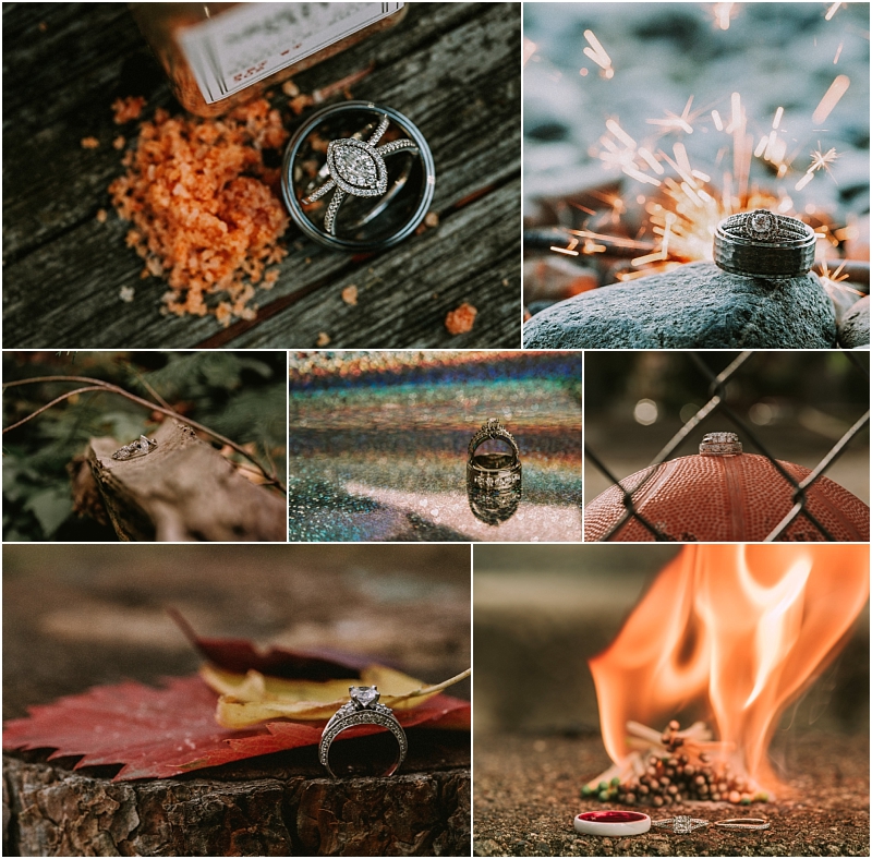 A collage of artistic engagement ring photos in snohomish featuring rings on natural surfaces near fire sparklers leaves glitter and a basketballeach creatively styled with dramatic lighting and textures Snohomish wedding photography