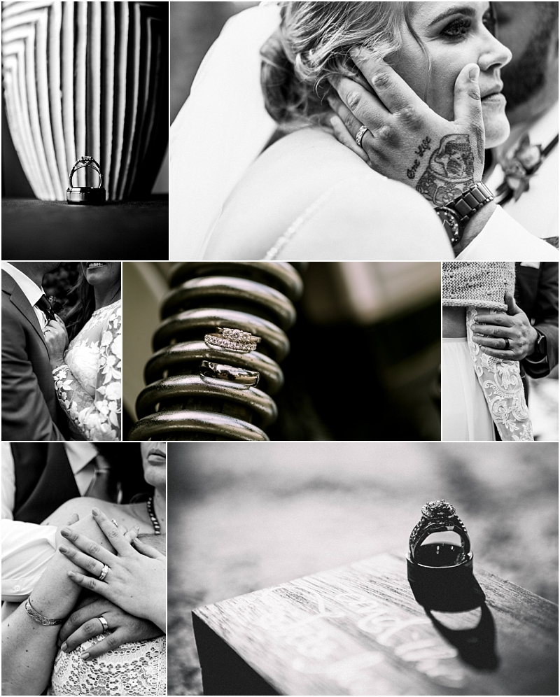 A black and white collage of wedding themed photos in snohomish featuring wedding rings a bride and groom close ups of hands with rings and intimate moments between the couple Snohomish wedding photography