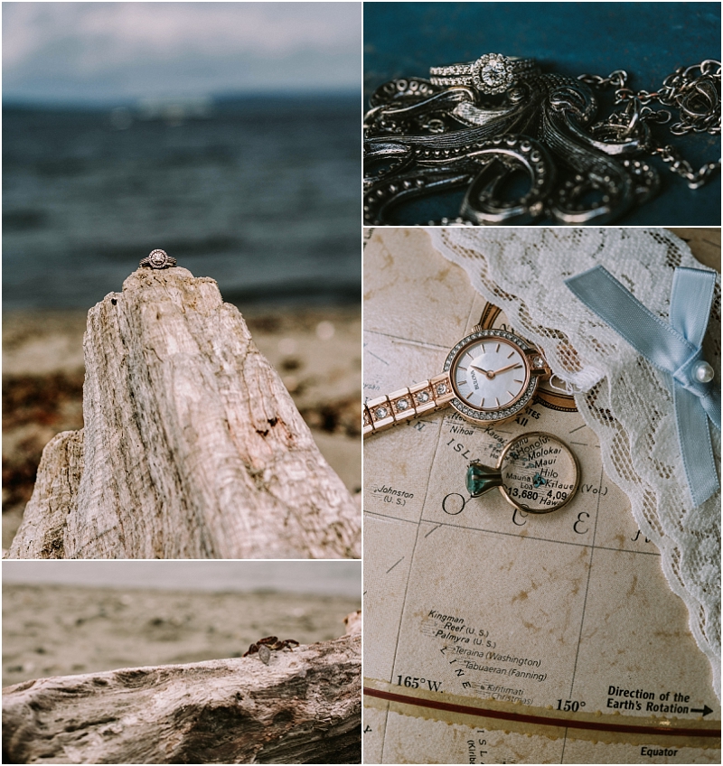 A collage featuring a diamond ring on driftwood by the beach in snohomish vintage jewelry a lace ribbon with a watch on an old map and a sandy shoreline with ocean waves in the background Snohomish wedding photography