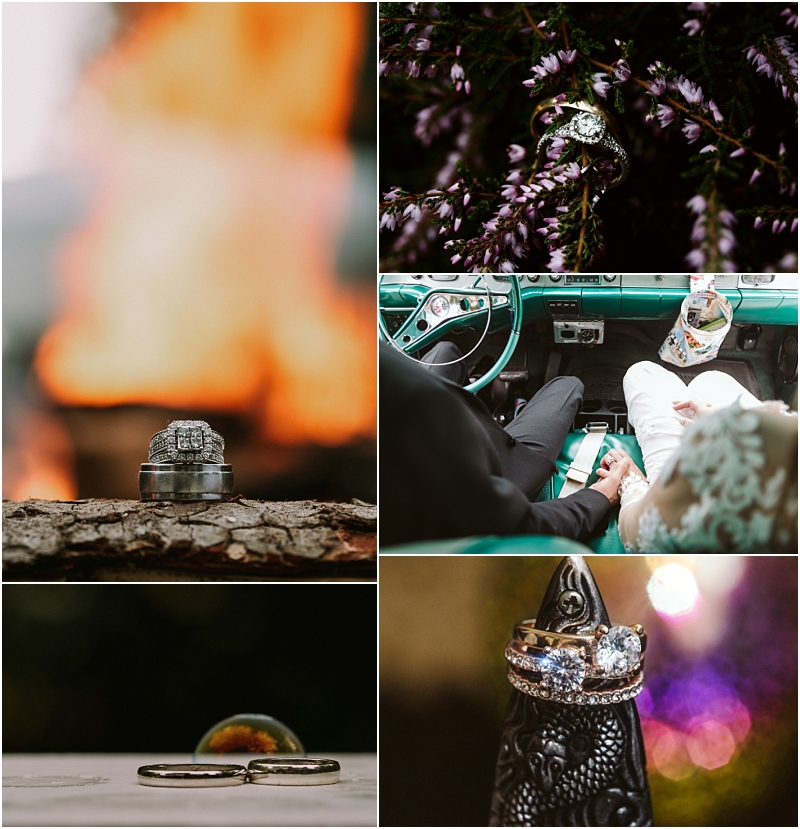 A collage of five photos featuring wedding rings in creative settings around snohomish by a fire among purple flowers on a car dashboard with a couple holding hands on a log with a bubble and stacked on a black cone Snohomish wedding photography