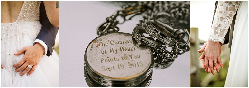 Three wedding themed photos in snohomish a close up of a grooms hand on a brides waist a pendant engraved with the compass of my heart points to you sept 19 2015 and a couple holding hands showing their rings Snohomish wedding photography
