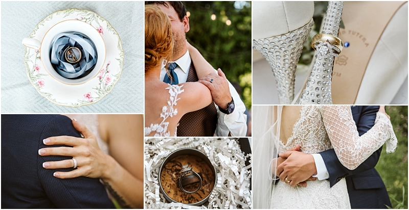 A collage of snohomish wedding photos featuring close ups of wedding rings a bride and groom embracing the brides hand on the grooms shoulder and sparkling high heeled shoes with rings resting on them Snohomish wedding photography