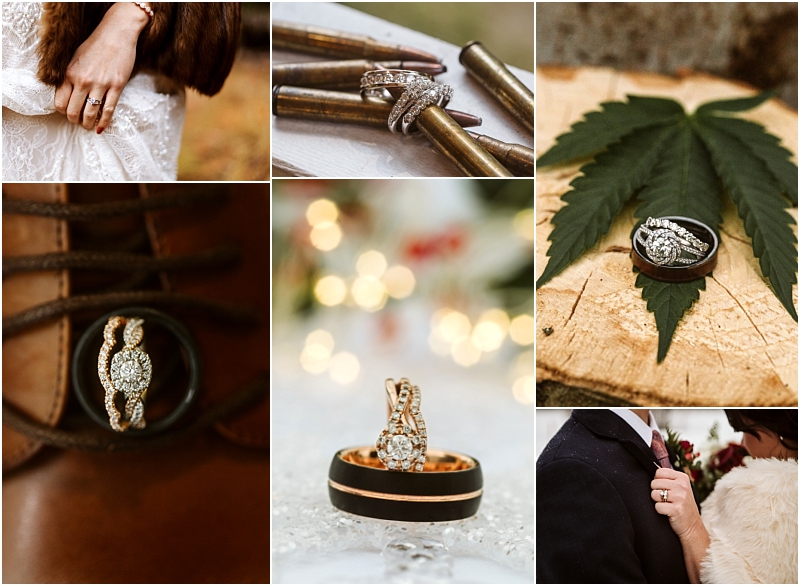 A collage of six wedding ring photos in snohomish rings on a brides finger rings on bullets rings on a wooden surface with a leaf rings on a boot rings on a sparkly surface and a couple showing their rings Snohomish wedding photography
