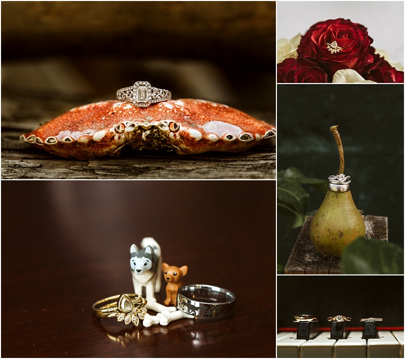 A collage shows engagement and wedding rings displayed on a crab shell red roses a pear miniature animal figures and piano keyscapturing unique snohomish charm through creative arrangements Snohomish wedding photography