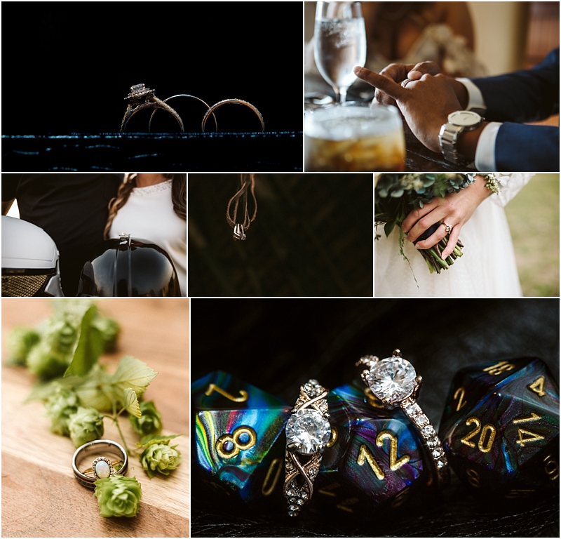 A collage of snohomish wedding themed photos rings on display a groom adjusting his watch a bride holding a bouquet rings with hops a couple with motorcycle helmets and rings placed on colorful dice Snohomish wedding photography