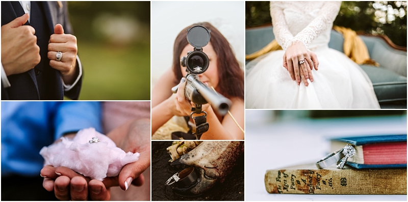 A collage of six creative engagement ring photos in snohomish including a close up of a ring on a grooms hand a bride holding a rifle with the ring in focus rings on cotton candy a fish a book and a brides hand on her dress Snohomish wedding photography