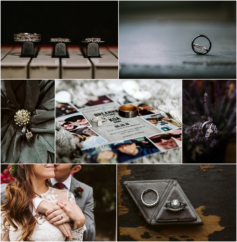 A collage of wedding themed images in snohomish rings on stands a ring on a gray surface rings on fabric wedding invitations rings on lavender a couple embracing and rings in a box on a wooden surface Snohomish wedding photography