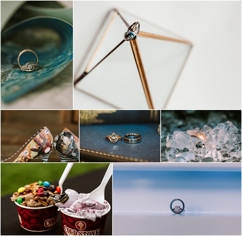 A collage of seven engagement ring photos taken in snohomish featuring rings on a book geometric decor shoes ice a jewelry box and in cold stone ice cream cups Each shot boasts a creative artistic style Snohomish wedding photography