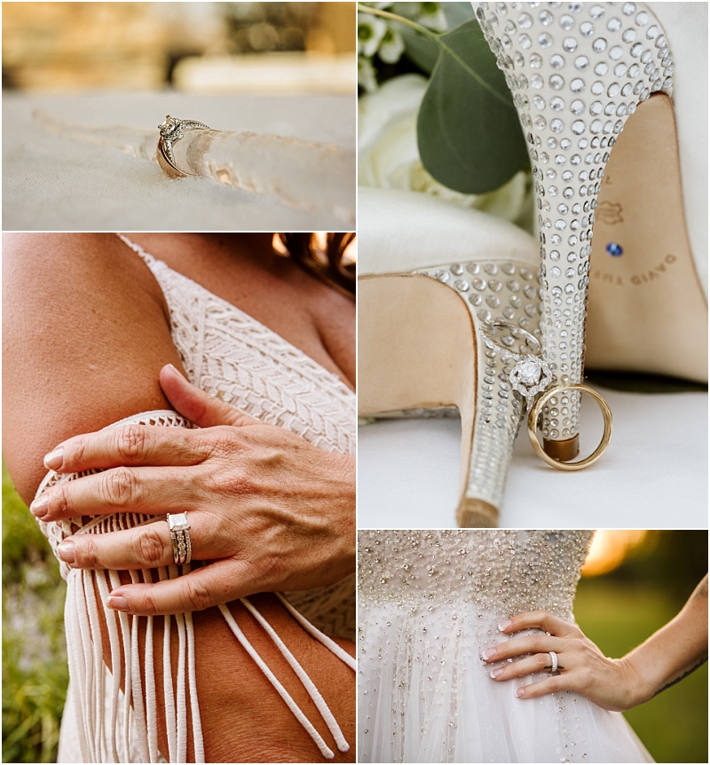 A collage of four images close ups of a diamond engagement ring in snow a ring by sparkling high heels and a brides hands showing her rings on her wedding dress and armcapturing romantic snohomish wedding moments Snohomish wedding photography
