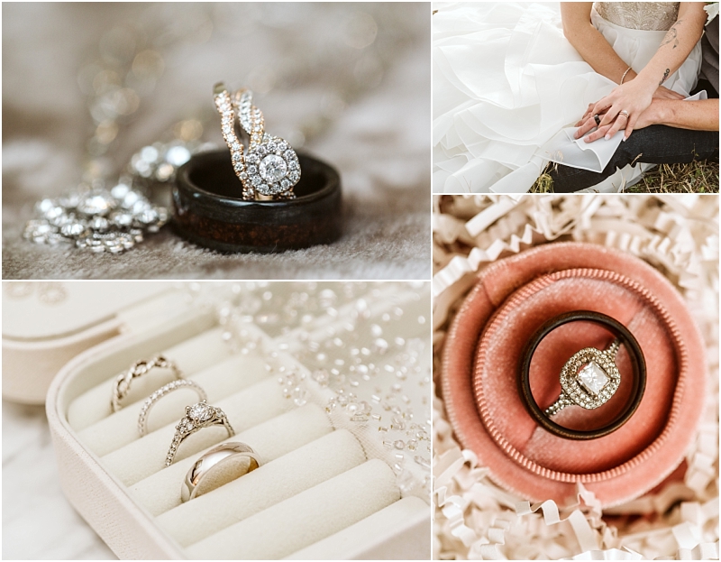 A collage showing diamond rings close up of rings on a wooden holder a couples hands with wedding bands rings in a cream jewelry box and a ring in a pink velvet boxperfect inspiration for your snohomish wedding Snohomish wedding photography