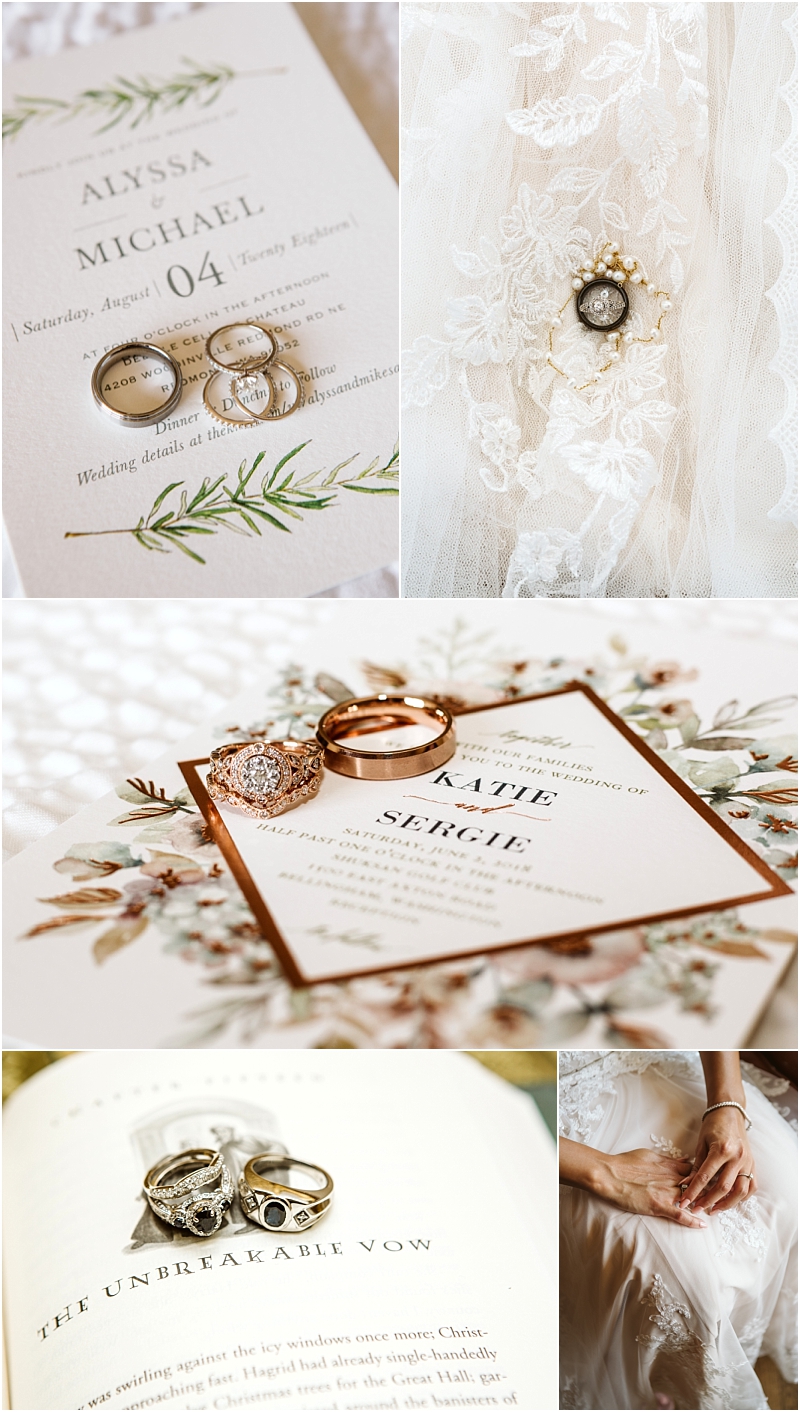 A collage of wedding details in snohomish invitation cards sparkling rings displayed on lace fabric and a bride adjusting her dress The images emphasize elegant floral themed invitations and the charm of snohomish weddings Snohomish wedding photography