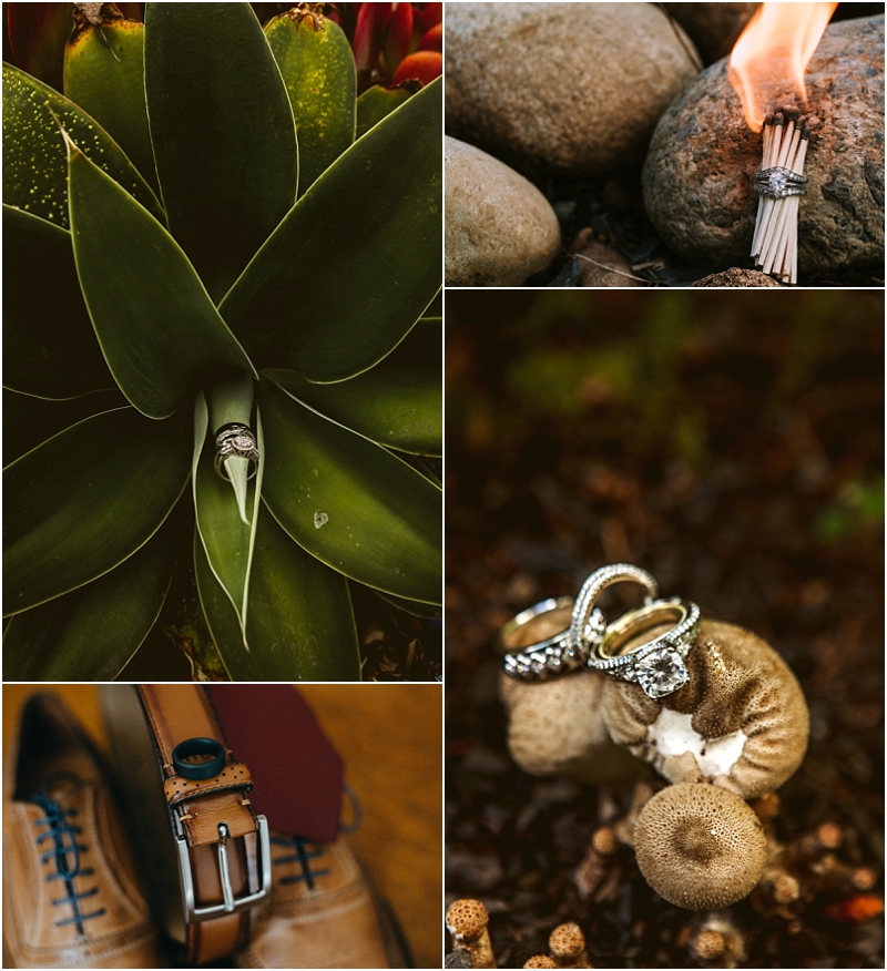 A collage of five photos features snohomish wedding rings nestled in a succulent plant stacked on burning matches by rocks resting on mushrooms looped through a belt on shoes and on brown fungi in greenery Snohomish wedding photography