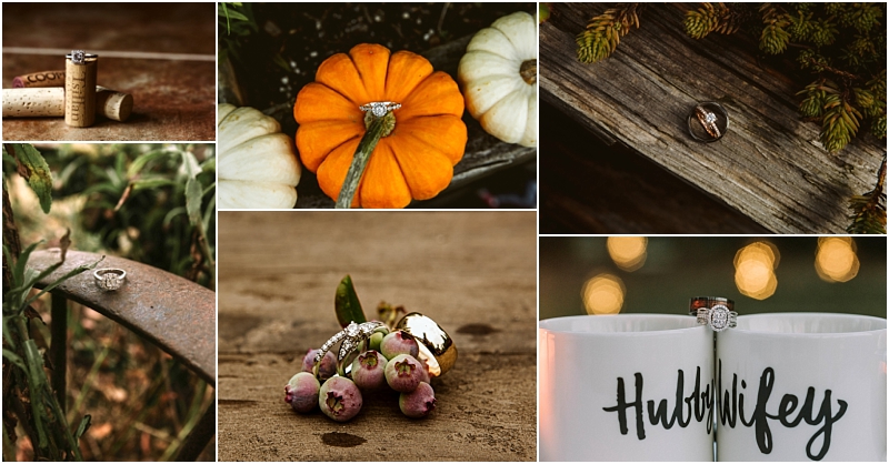 A collage of six engagement ring photos in snohomish on corks a pumpkin a wooden plank a metal rail berries and two white mugs labeled hubby and wifey with the rings displayed on each item Snohomish wedding photography
