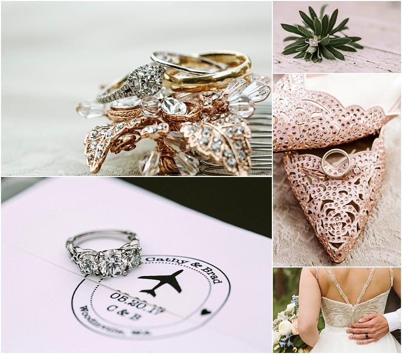 A collage of wedding themed images diamond rings a gold ring on greenery a ring in a pink lacy holder rings on a wedding invitation and a snohomish bride holding her bouquet with her back to the camera Snohomish wedding photography