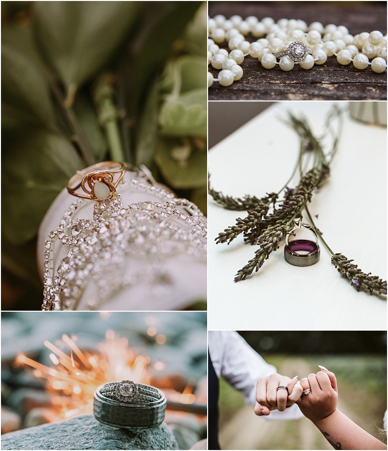 A collage of snohomish wedding detail photos rings on a crystal tiara a ring on pearl beads rings on a lavender bouquet rings with sparks in the background and hands exchanging rings outdoors Snohomish wedding photography