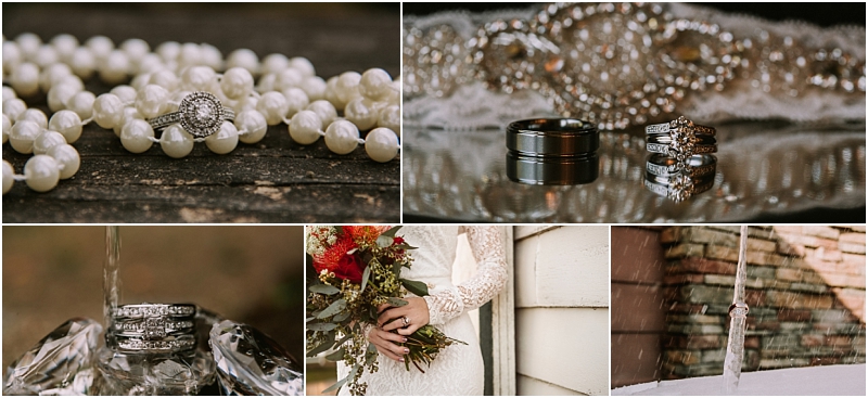 A collage of wedding ring photos in snohomish rings on pearls a jeweled belt ice worn by a bride holding a bouquet in a lace dress and a single ring on a white surface with a stone wall backdrop Snohomish wedding photography