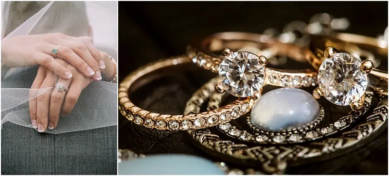 Close-up of hands with wedding rings on the left, and a detailed shot of diamond engagement rings and jewelry with gemstones on the right—both highlighting elegant, intricate designs inspired by Snohomish artisans. Snohomish Wedding Photography