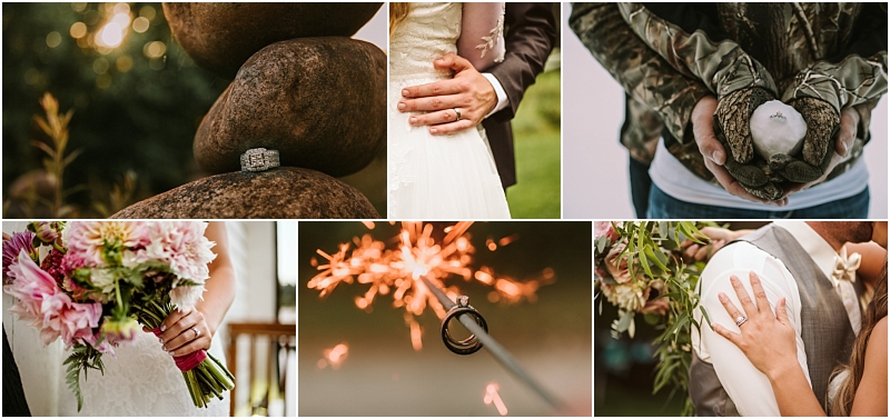 A collage of six wedding themed images in snohomish rings on rocks a couple embracing hands holding acorns a bride with a bouquet rings with a sparkler and a hand with a ring resting on the grooms shoulder Snohomish wedding photography
