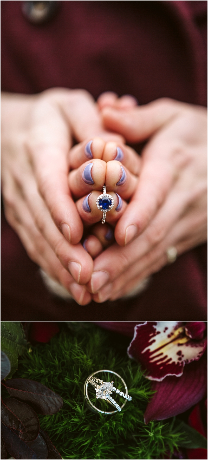 A person with purple tipped nails holds a ring with a dark blue gemstone below the ring rests on snohomish greenery next to an orchid flower Snohomish wedding photography