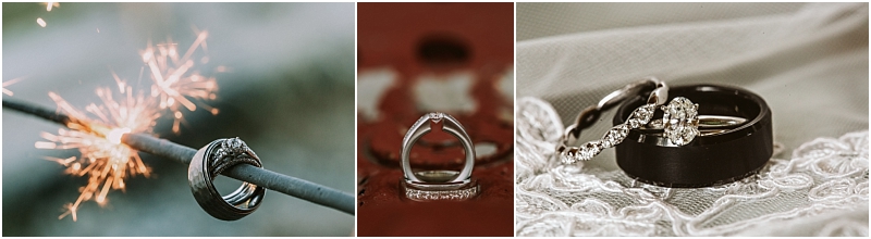 A collage of three close up photos rings on a sparkler wedding bands standing vertically on a red surface and diamond rings resting on lace beside a black ring captured in elegant snohomish style Snohomish wedding photography