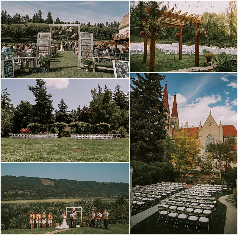 A collage of five outdoor wedding ceremony setups in snohomish featuring decorated arches rows of white chairs green lawns trees and scenic backgrounds including forests mountains and a church Snohomish wedding photography