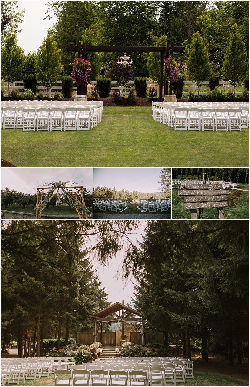 A collage of outdoor wedding ceremony setups in snohomish features rows of white chairs on green lawns facing wooden arches surrounded by trees floral decorations and natural scenery under daylight Snohomish wedding photography