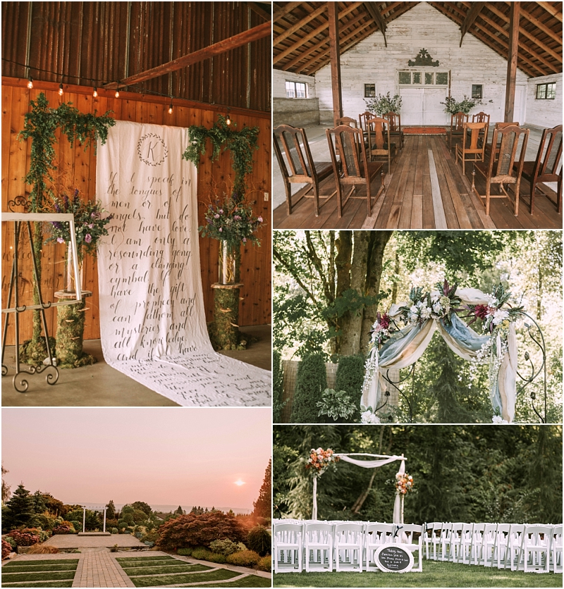 A collage of five rustic snohomish wedding ceremony setups featuring wooden barns floral arches draped fabric white chairs outdoors and a scenic garden at sunset Each scene is decorated with greenery and elegant florals Snohomish wedding photography