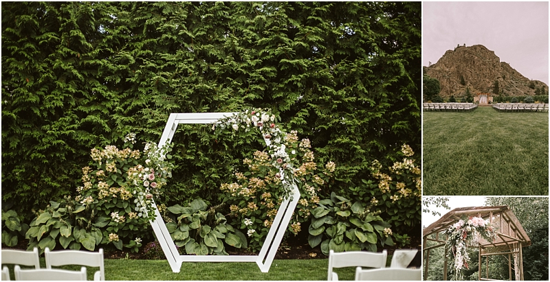 Collage of outdoor wedding venues in snohomish a hexagonal floral arch in a garden a ceremony setup on a lawn with a mountain view and a rustic gazebo adorned with flowers Snohomish wedding photography