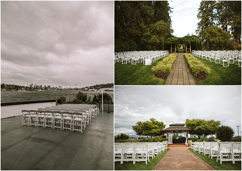 Collage of three snohomish wedding ceremony setups white chairs face an aisle on a dock by water in a garden with a vine covered gazebo and in a park before a wooden gazebo all under cloudy skies Snohomish wedding photography