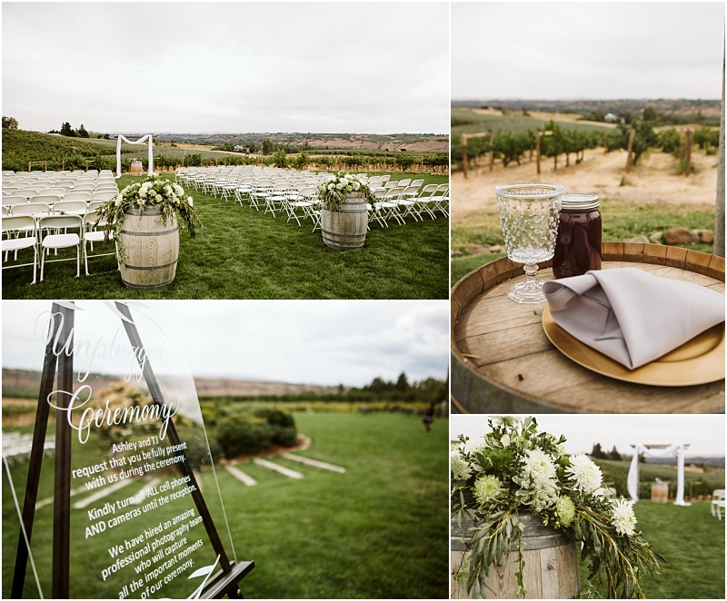 A collage of outdoor wedding scenes in snohomish white chairs face an arch on a lawn flower arrangements on barrels a sign with ceremony details and a close up of a plate glassware and napkin on a wine barrel overlooking vineyards Snohomish wedding photography