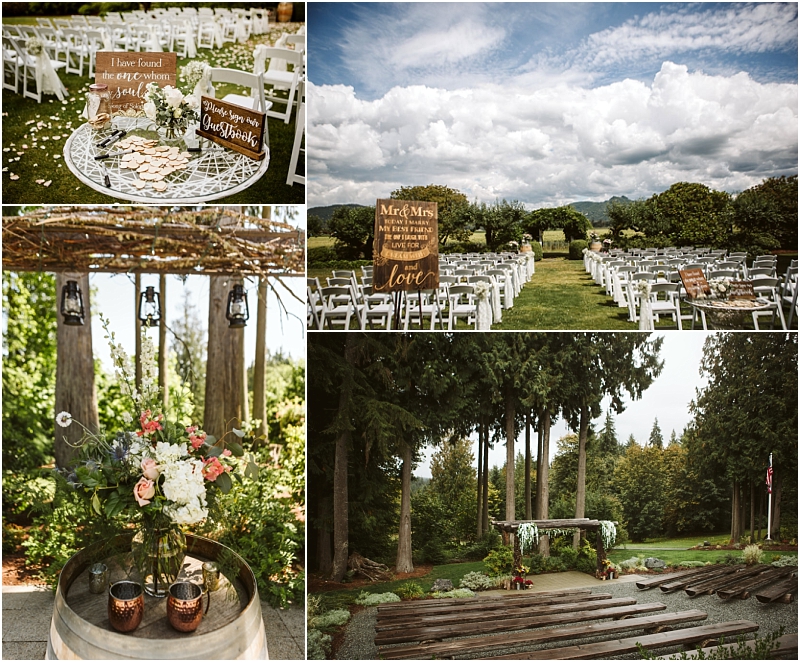 A collage of rustic snohomish outdoor wedding scenes decorated ceremony chairs a sign with wedding vows a scenic aisle under a cloudy sky a flower arrangement on a barrel and a wooden arbor surrounded by trees Snohomish wedding photography