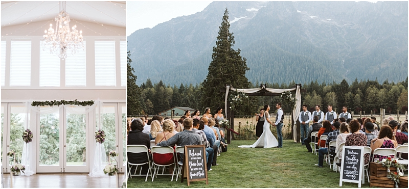Split image left side shows an elegant indoor wedding venue in snohomish with tall windows white drapes and a chandelier Right side features an outdoor ceremony with guests facing a couple under an arch mountains in the background Snohomish wedding photography