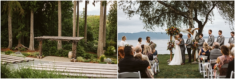 Split image left side shows a rustic wooden outdoor ceremony space surrounded by tall trees in snohomish right side features a wedding in progress under a floral arch by the water with guests seated and the wedding party standing Snohomish wedding photography
