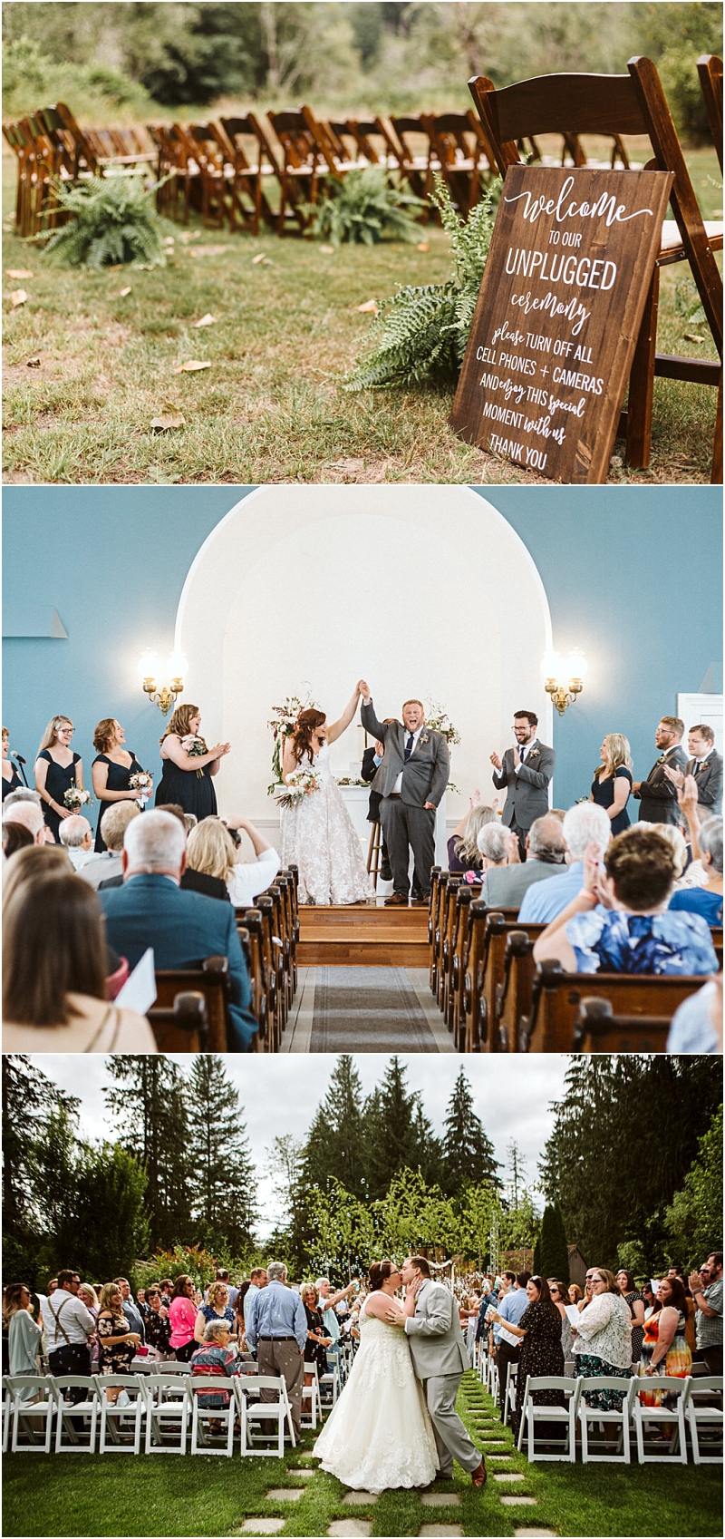 A wooden sign welcomes guests to an unplugged wedding in snohomish as a bride and groom celebrate at the altar and the newlyweds walk down an outdoor aisle lined with chairs and guests Snohomish wedding photography