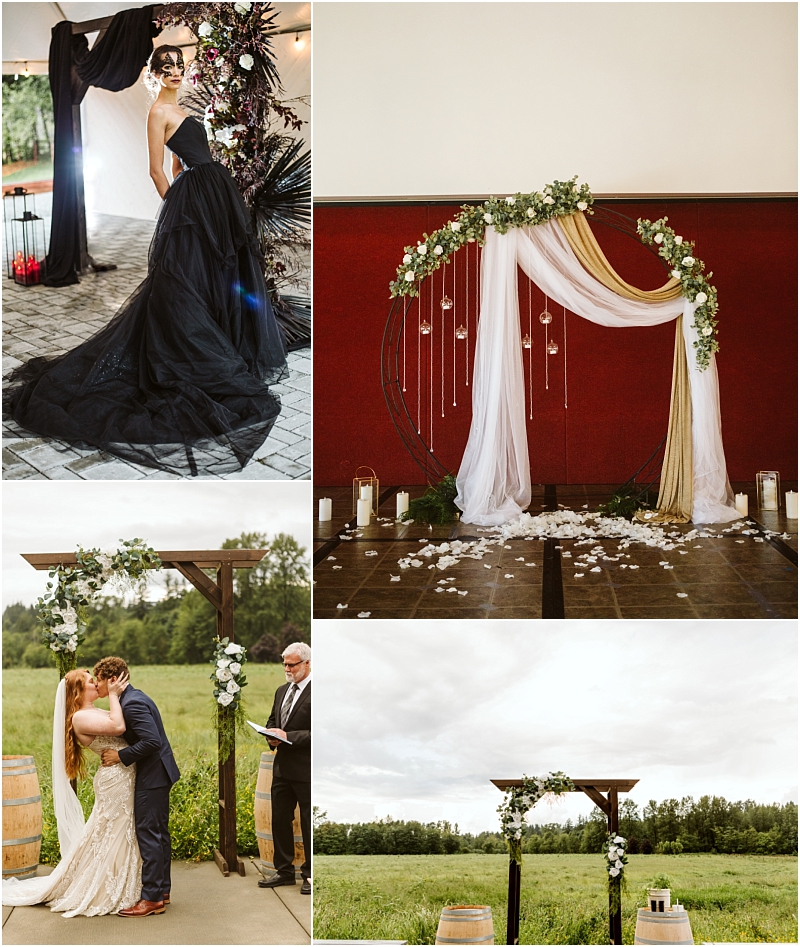 A collage of four wedding scenes a bride in a dramatic black gown two different floral decorated wooden and metal arches and a couple kissing under a white floral arch outdoors in a lush snohomish field Snohomish wedding photography