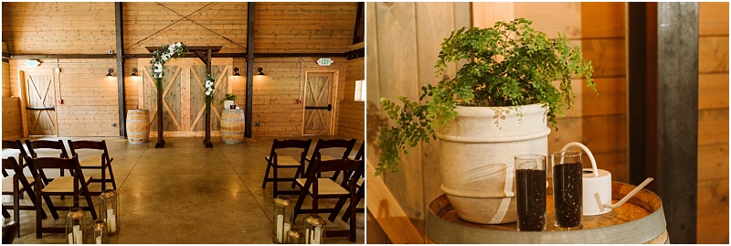A rustic snohomish wedding ceremony setup in a wooden barn with folding chairs floral arrangements barrel decor and a close up of a potted fern two glass vases with soil and a white watering can on a barrel Snohomish wedding photography