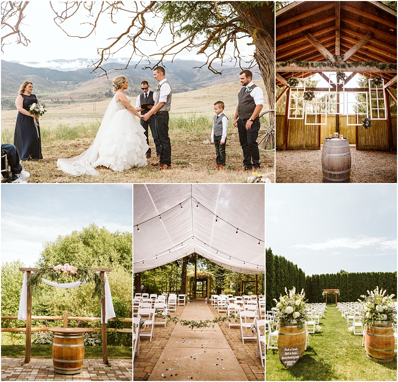 A collage of rustic outdoor snohomish wedding scenes including a couples ceremony with mountains in the background a barn setup floral arbors decorated aisles white chairs and barrels used as decor Snohomish wedding photography