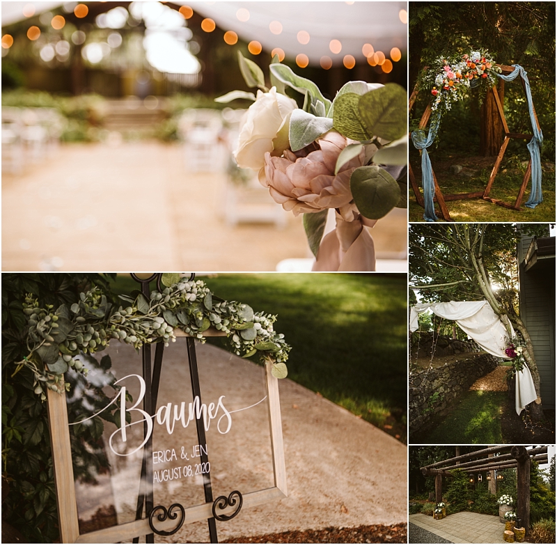 Collage of snohomish outdoor wedding decorations floral arrangements a wooden arch draped with fabric and flowers a personalized welcome sign with greenery and soft string lights above an aisle Snohomish wedding photography