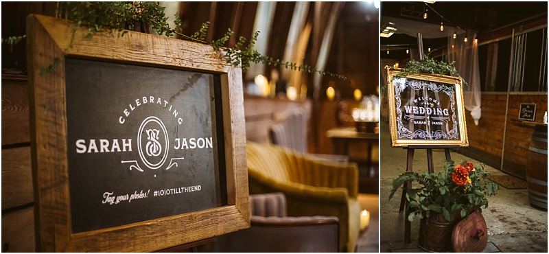Two framed wedding signs on easels one reads celebrating sarah & jason adorned with greenery set in a cozy snohomish indoor venue with wooden walls warm lighting and rustic decor in the background Snohomish wedding photography