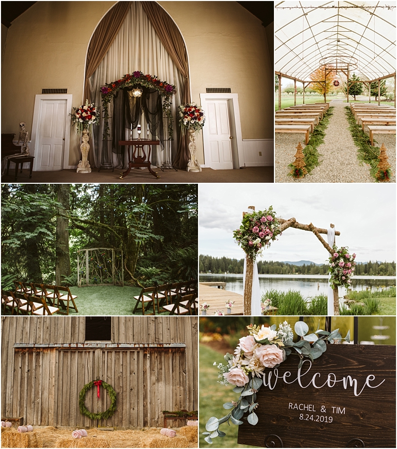 A collage of six snohomish wedding venue photos featuring indoor and outdoor ceremony setups rustic arches with flowers a barn wall with a wreath and a wooden welcome sign for rachel and tims wedding on 8 24 2019 Snohomish wedding photography