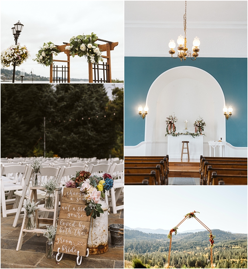 A collage of five wedding ceremony setups in snohomish featuring floral arches and decorations both indoors and outdoors with mountain and forest backgrounds and elegant white seating arrangements Snohomish wedding photography